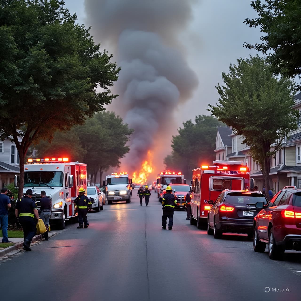 In the Glow of Uncertain Light: A Neighborhood Pauses as Flames Take Hold