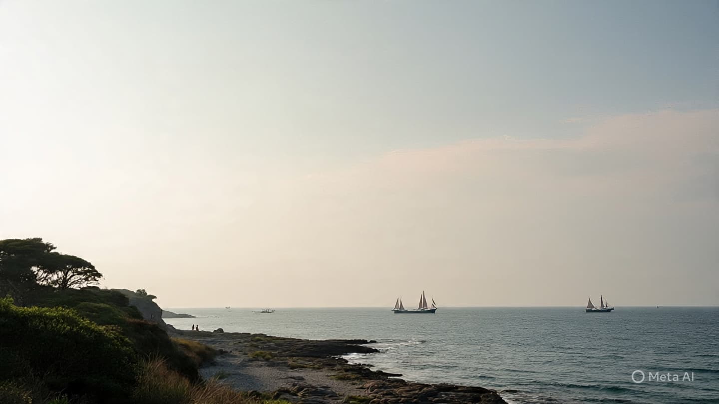 Where Water Meets Warning: A Quiet Sea Interrupted by Fleeting Trails of Fire