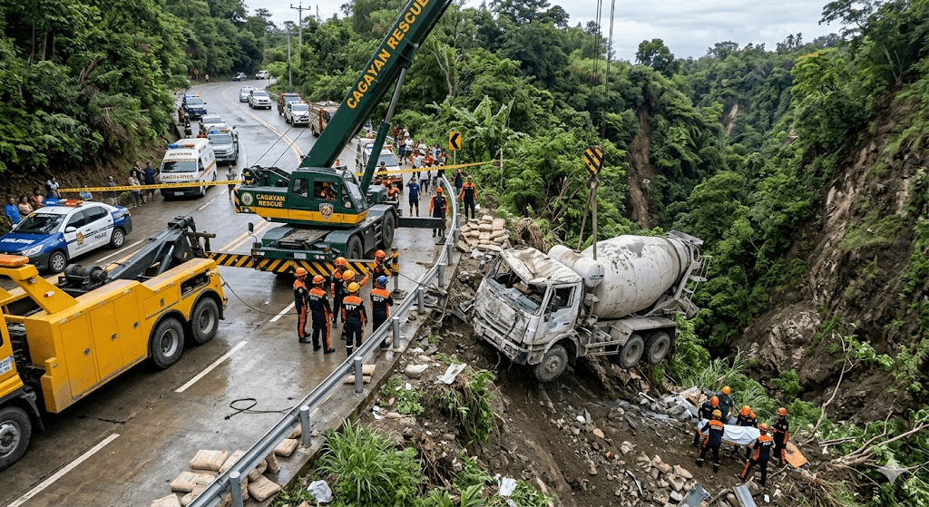 Plunge into the Abyss: Cement Truck Careens into Ravine Near Lal-lo Airport, Leaving 6 Injured