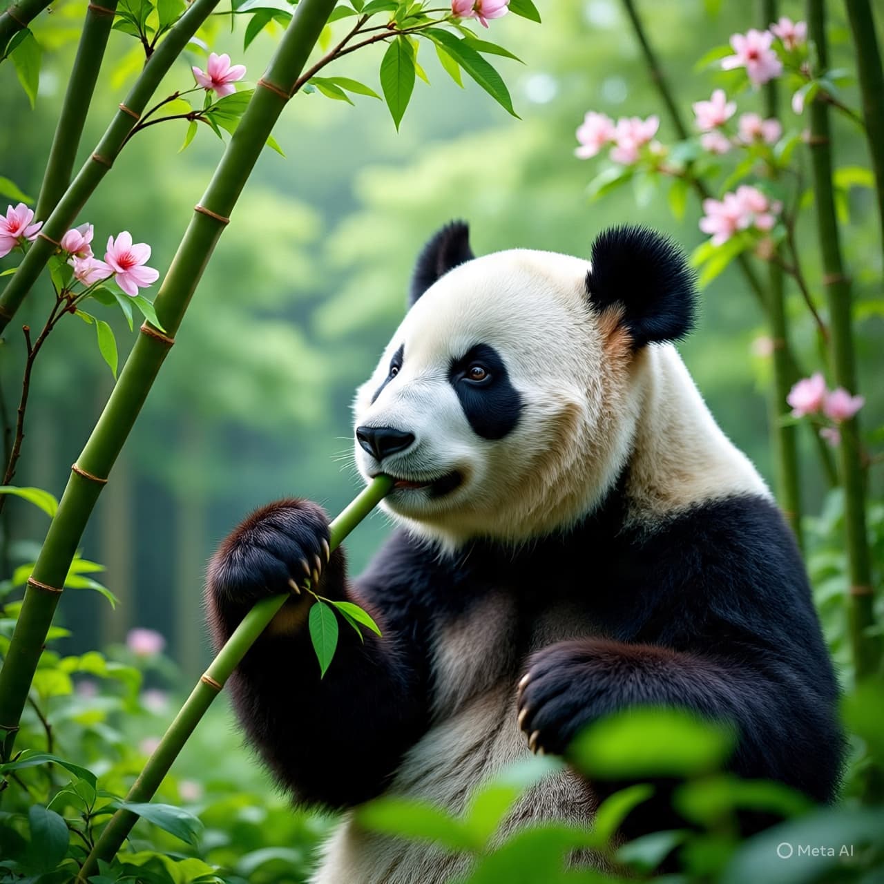 A giant panda eating bamboo in a leafy zoo enclosure in springtime, soft natural light, realistic wildlife art.