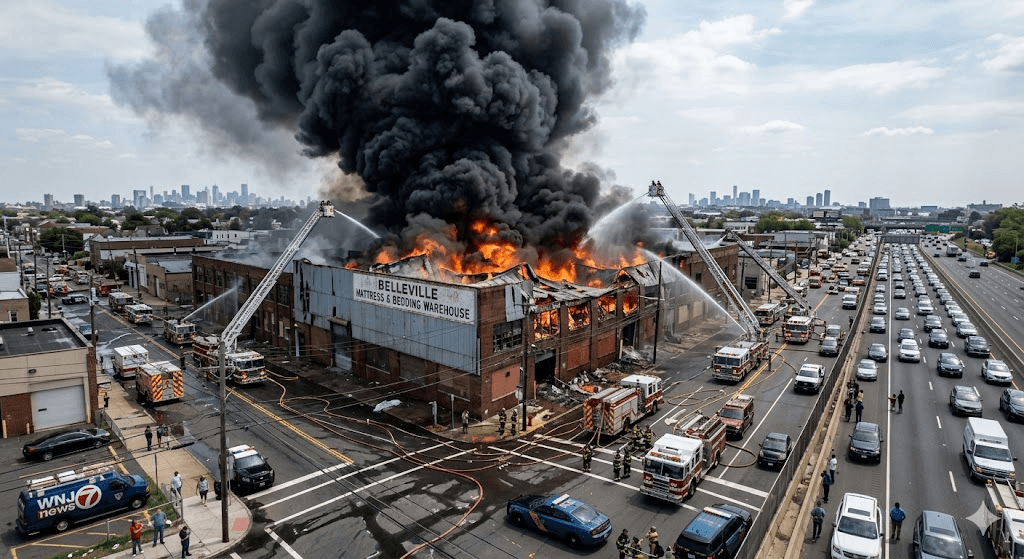 Massive Multi-Alarm Fire Guts Belleville Mattress Warehouse; Smoke Visible for Miles