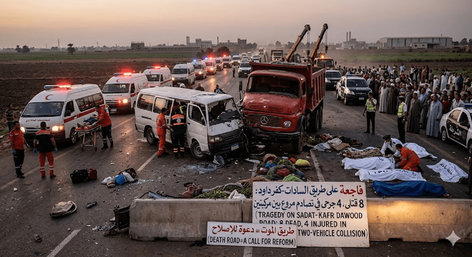 Tragedy on the Sadat-Kafr Dawood Road: Eight Dead, Four Injured in Horrific Two-Vehicle Collision