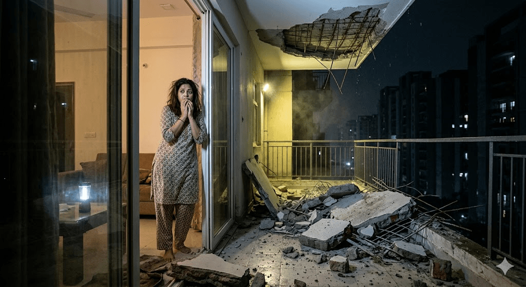 Midnight Terror in Noida: Resident’s Close Call After Balcony Ceiling Collapses at 2 AM