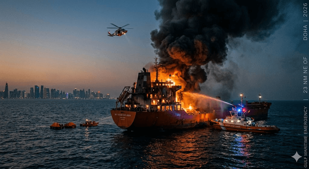 Explosion at Sea: Cargo Vessel Ablaze After Projectile Strike Near Doha