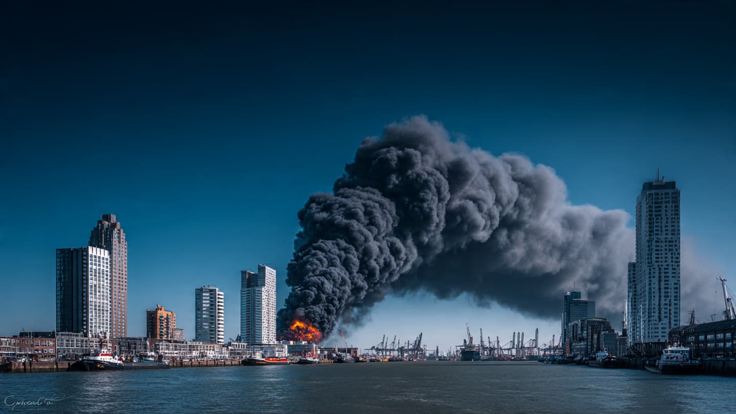 Where the Smoke Veils the Industrial Sea, A Silent Watch Over Rotterdam’s Heart