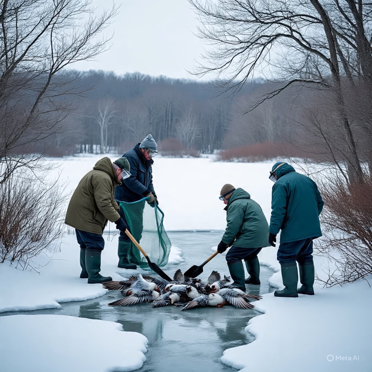 Wildlife officials in protective gear collecting bird carcasses near a frozen lake,