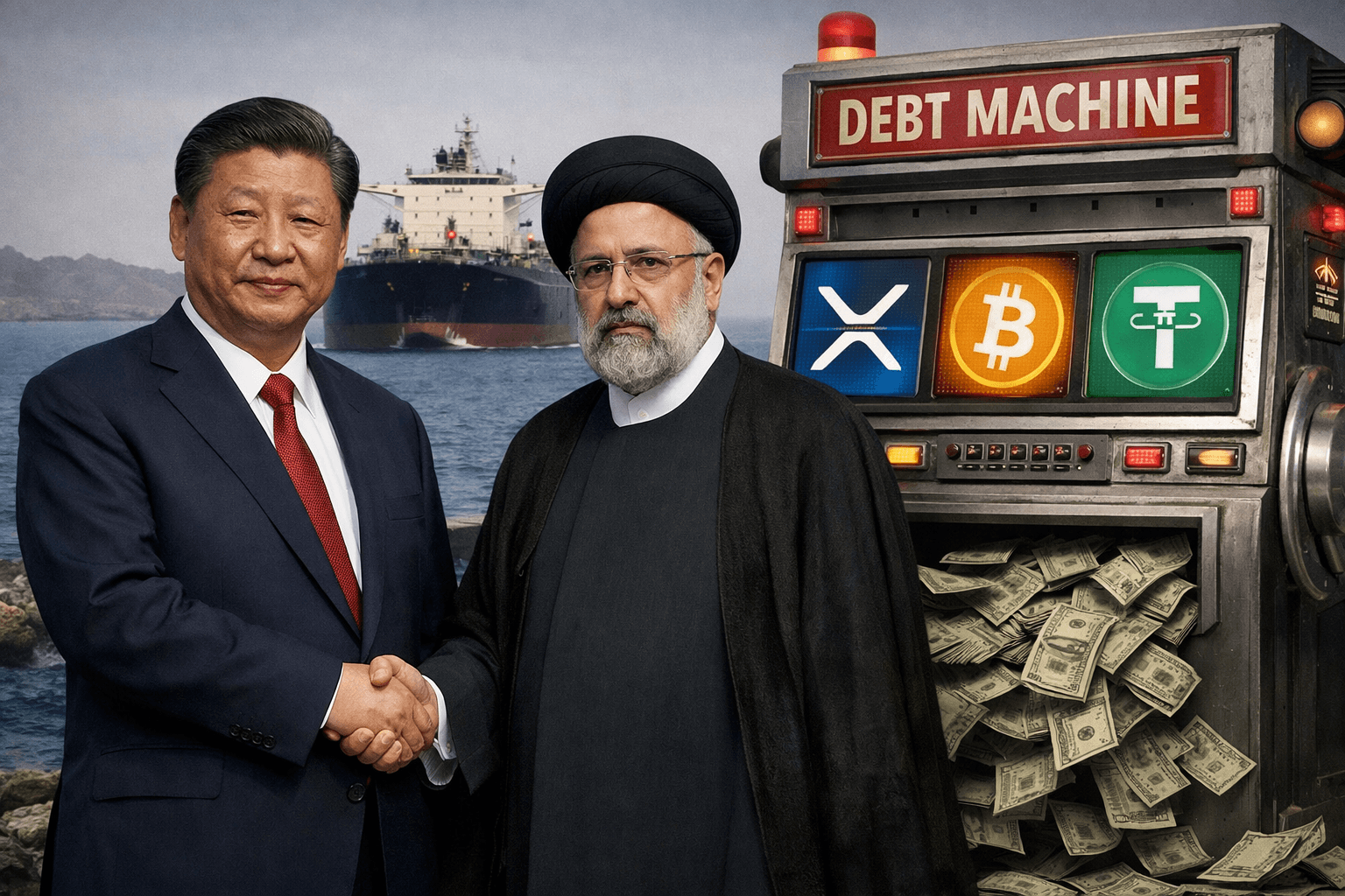 USA and IRAN oil crisis results in a shift away from the U.S. dollar to cryptocurrencies, including XRP, BTC, and Tether, for oil payments.