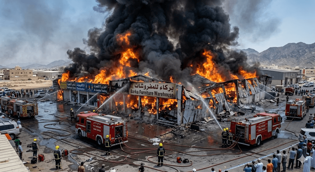 Inferno à Barka : Un incendie massif ravage des magasins et un entrepôt de meubles
