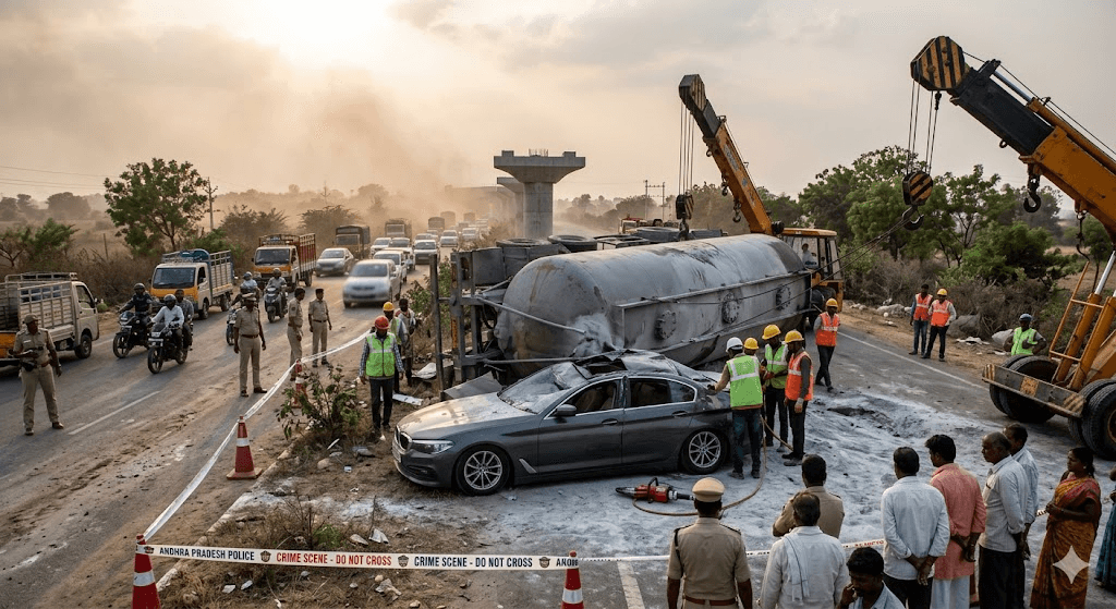 Crushing Blow: BMW Decimated After Fly Ash Tanker Overturns in Tragic NTR District Collision