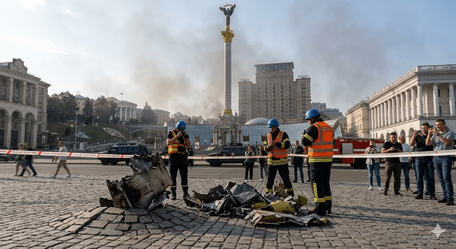 Russian Drone Strikes Hit Kyiv and Kharkiv, Debris Near Independence Monument