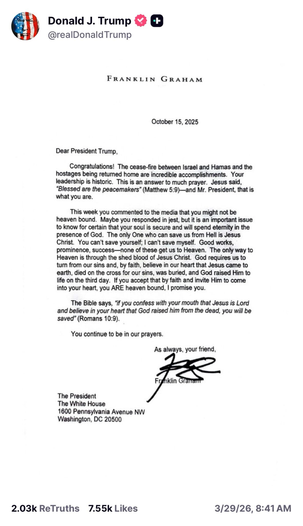 Franklin Graham to President Trump: “You ARE Heaven Bound