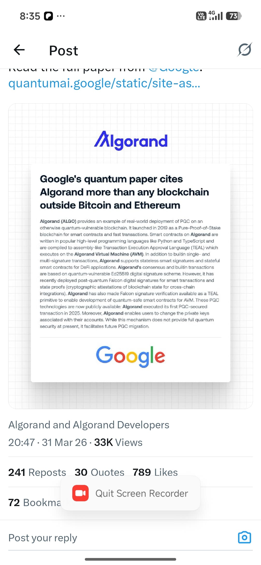 Google's Quantum Paper Crowns Algorand the #3 Blockchain for Post-Quantum Security
