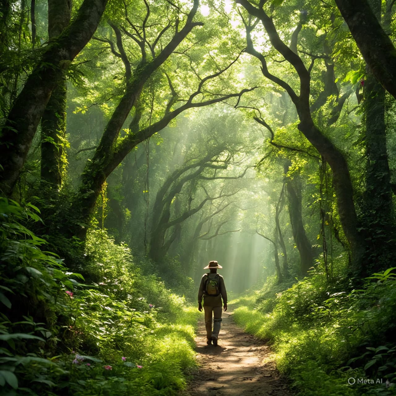 Silhouette of a lone figure walking along a forest path in Central Africa, filtered sunlight through trees, 1920×1280