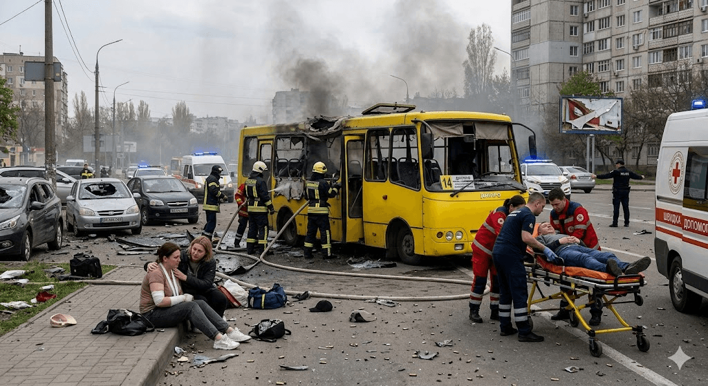 Terror in Dnipro: Russian Drone Strikes Civilian Bus, Leaving 1 Dead and 11 Injured