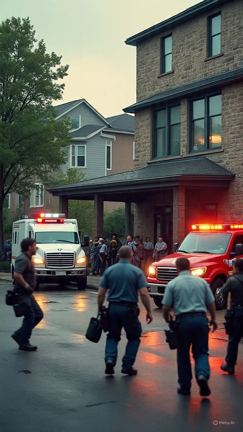 School building exterior with emergency vehicles and responders gathered outside, tense atmosphere, realistic, cinematic, 1920x1280