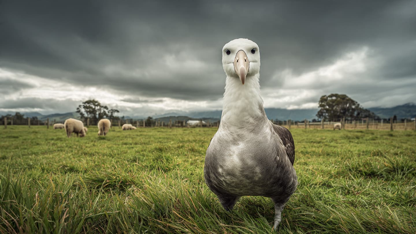 When the Cyclone Whispers to the Wing, A Solitary Albatross Finds Rest in Green Pastures