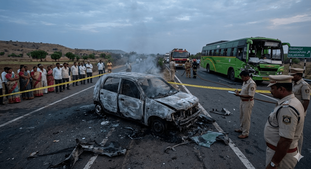 Tragedy on the Highway: Six Charred to Death as Car Bursts into Flames After Bus Collision in Karnataka