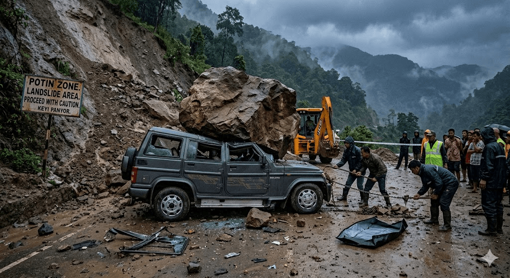 Tragedy in Keyi Panyor: Junior Engineer Killed as Massive Landslide Crushes SUV