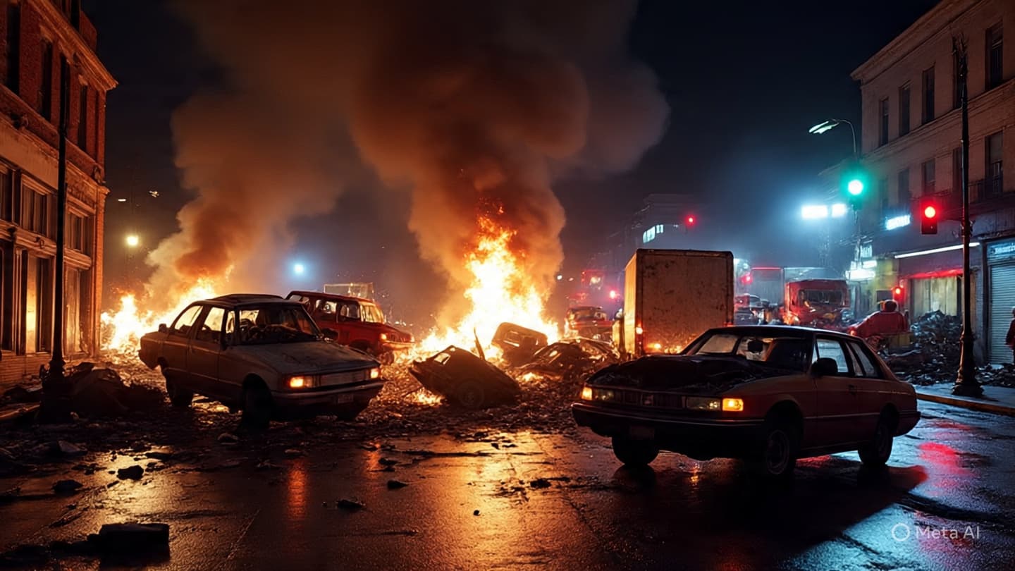 In the Glow of Burning Vehicles, How Do We Understand the Meaning Behind Flames That Seem to Speak Beyond Destruction