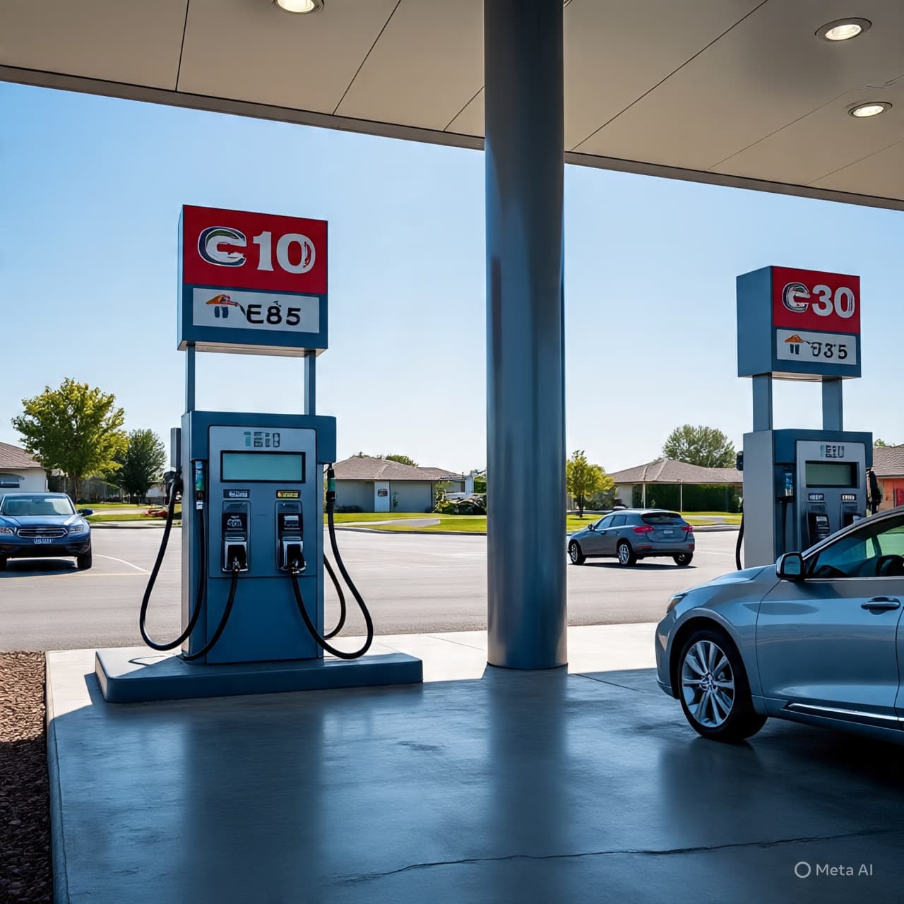 Fuel station with signs indicating ethanol‑gasoline blend options.
