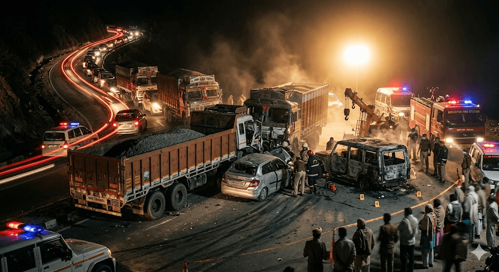 Mirzapur Highway Horror: 11 Dead in Mangled Multi-Vehicle Pileup