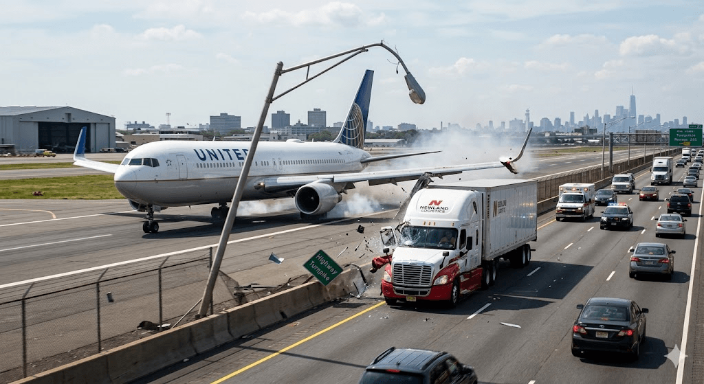 Chaos at Newark: United Boeing 767 Clips Truck and Streetlight During Landing; Driver Injured