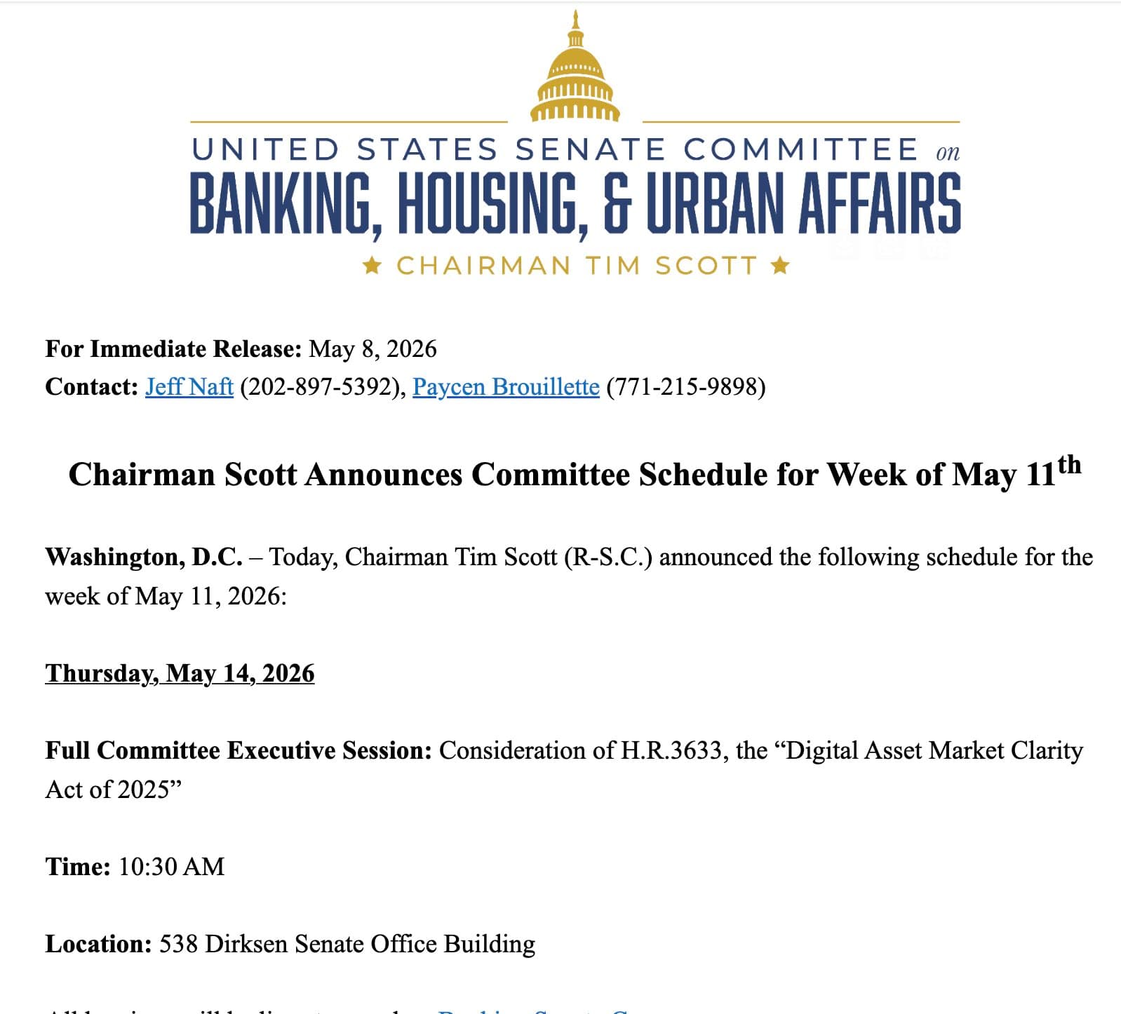 U.S. Senate Banking Committee Sets Crypto CLARITY Act Vote for May 14