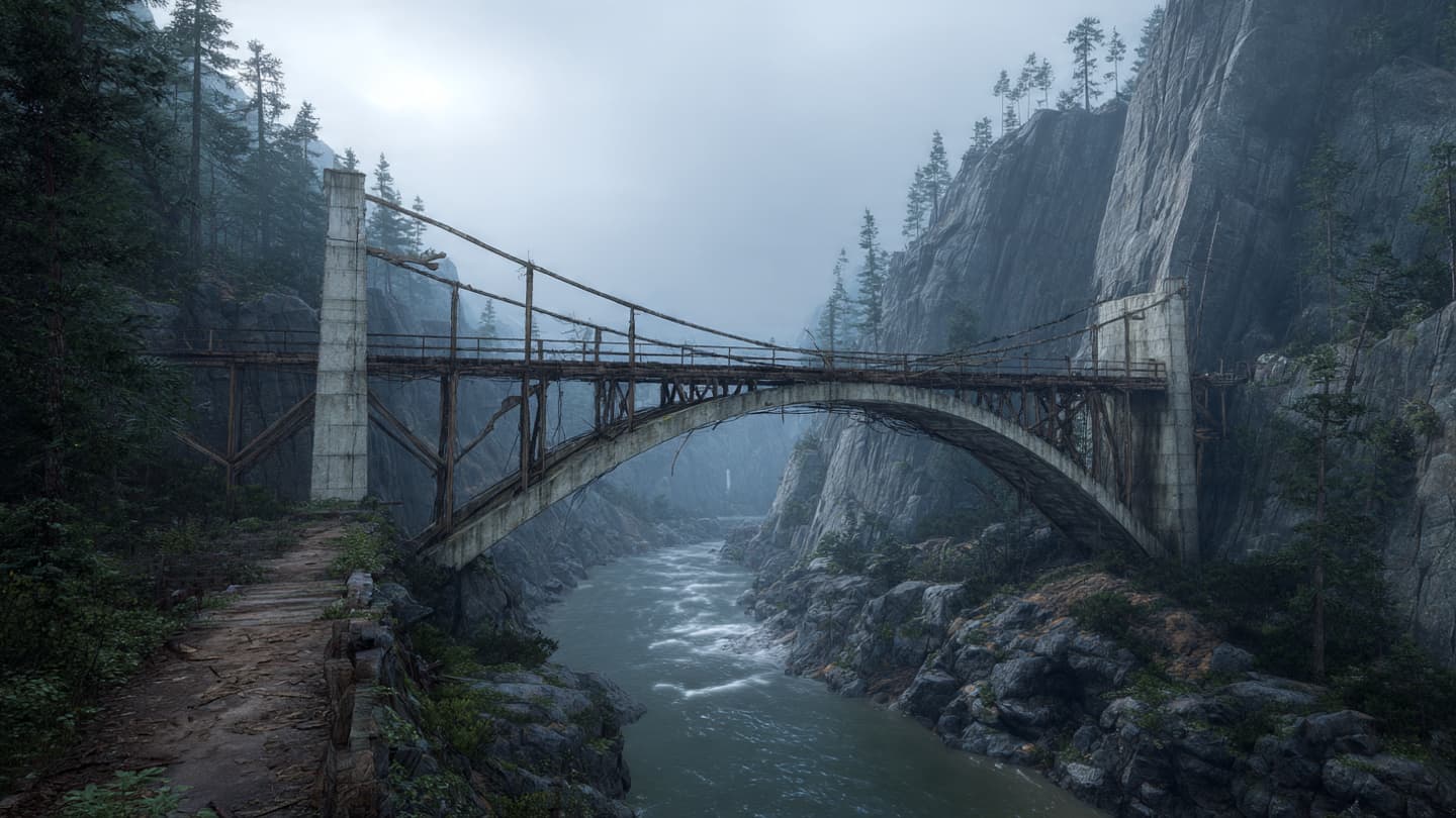 Between the Two Cliffs where the Fallen Bridge Marks a Moment of Quiet Isolation
