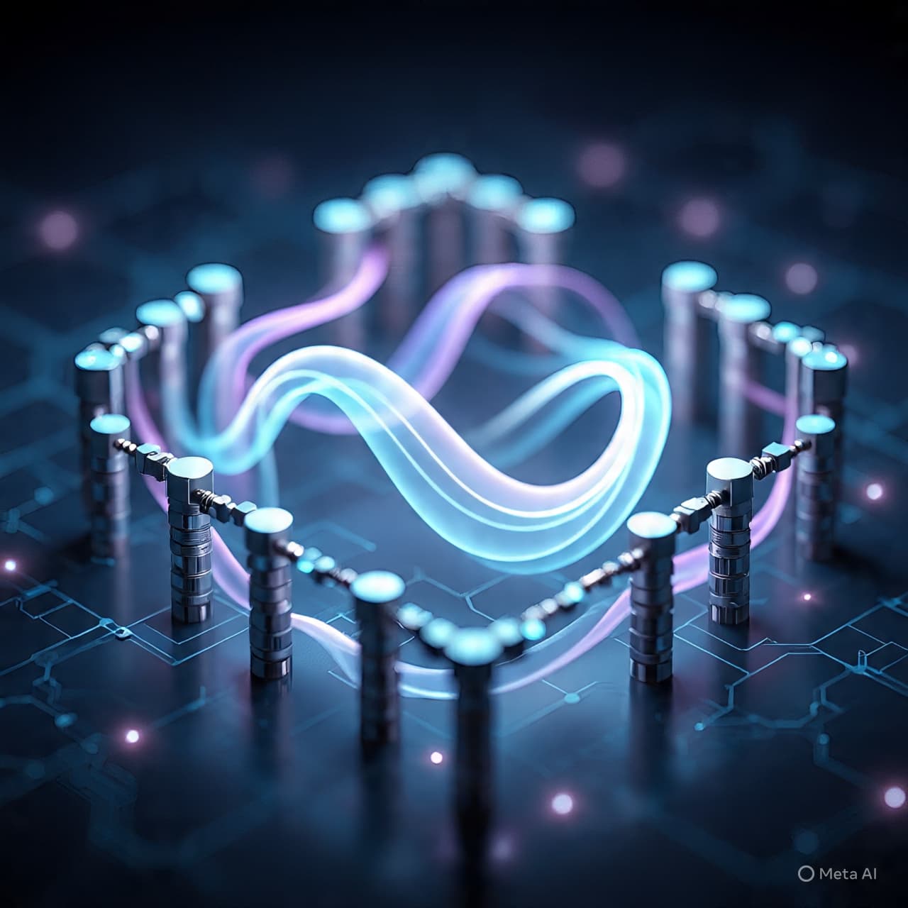 Close-up of a semiconductor lattice with glowing energy waves inside particles, soft colors, scientific concept art.