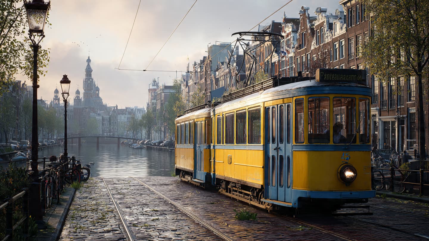 Where the Silver Tracks Meet the Soft Drift of the Amsterdam Morning Sky Now
