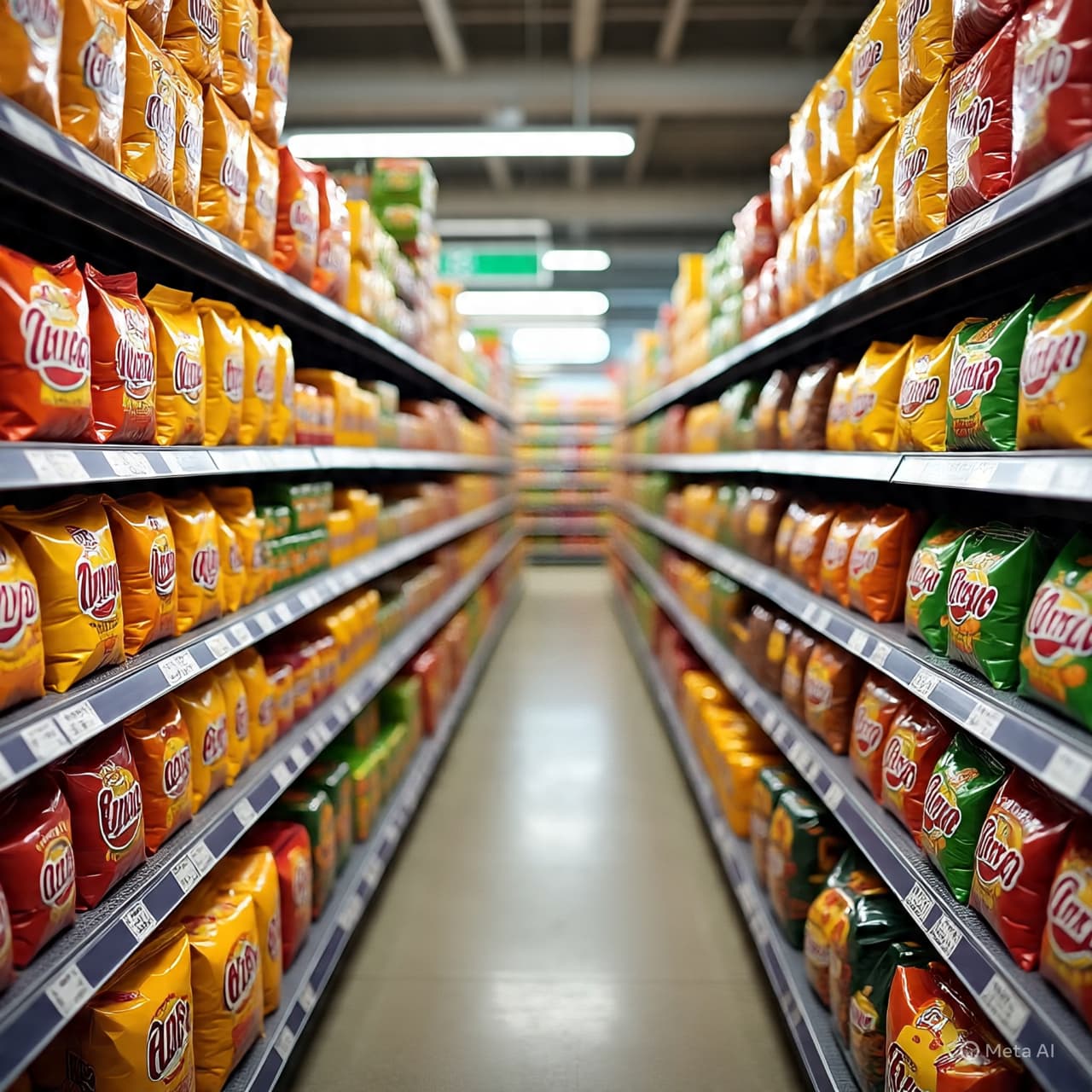 Grocery store snack aisle with branded chip bags on shelves and visible price tags.