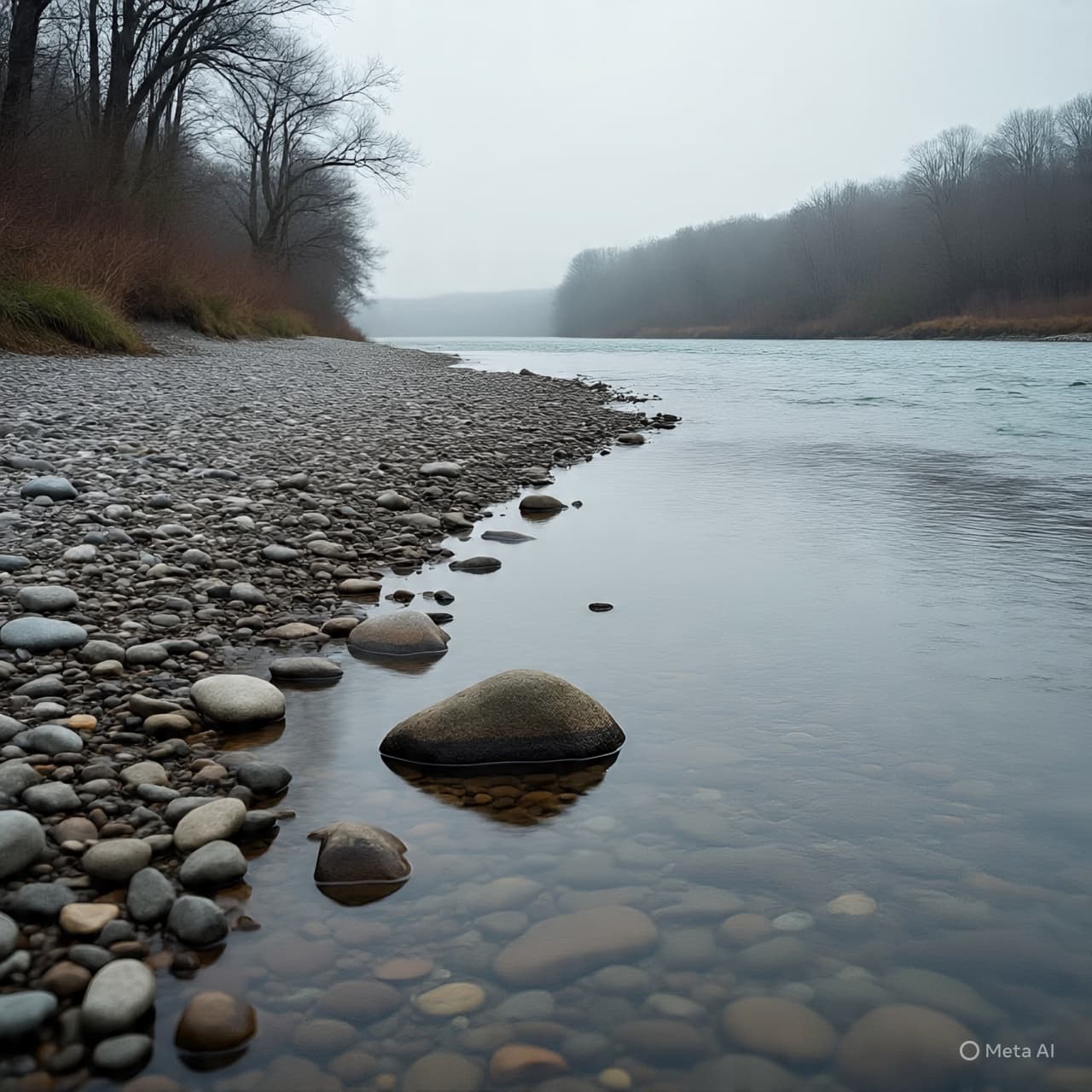 A riverside scene with gentle water movement and overcast sky, no people visible, natural tones, 1920×1280
