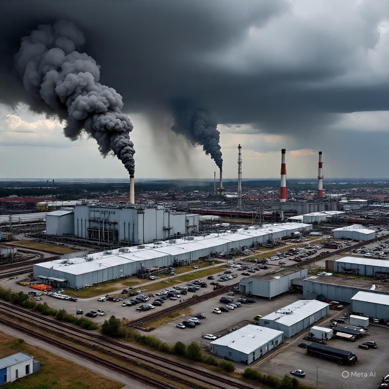Sous un ciel fracturé, où l'industrie rencontre la flamme : Réflexions sur une usine en feu